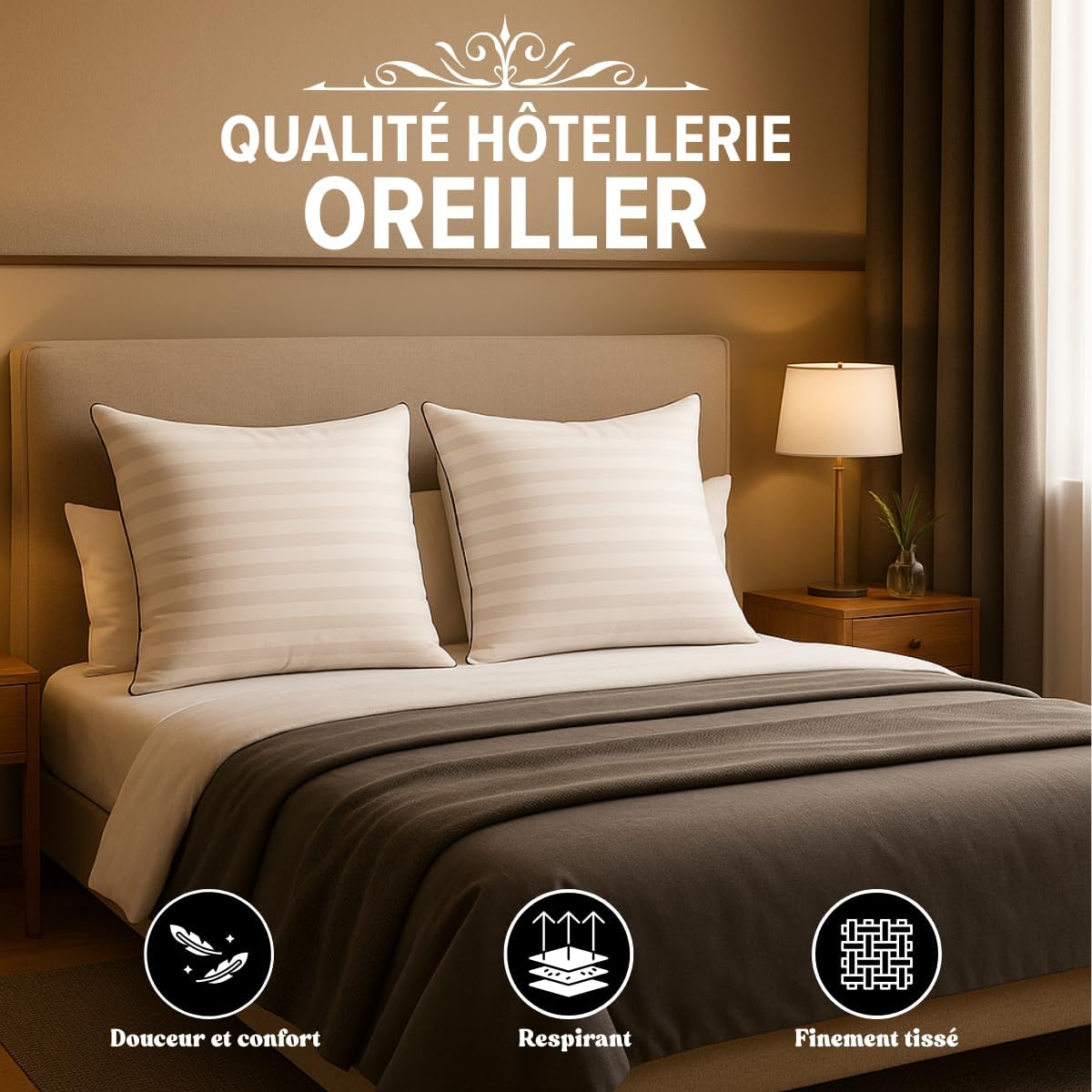 DREAMWAY Oreiller 60x60 cm Lot de 2 Oreillers Confort Moelleux, Qualité Hôtelièr