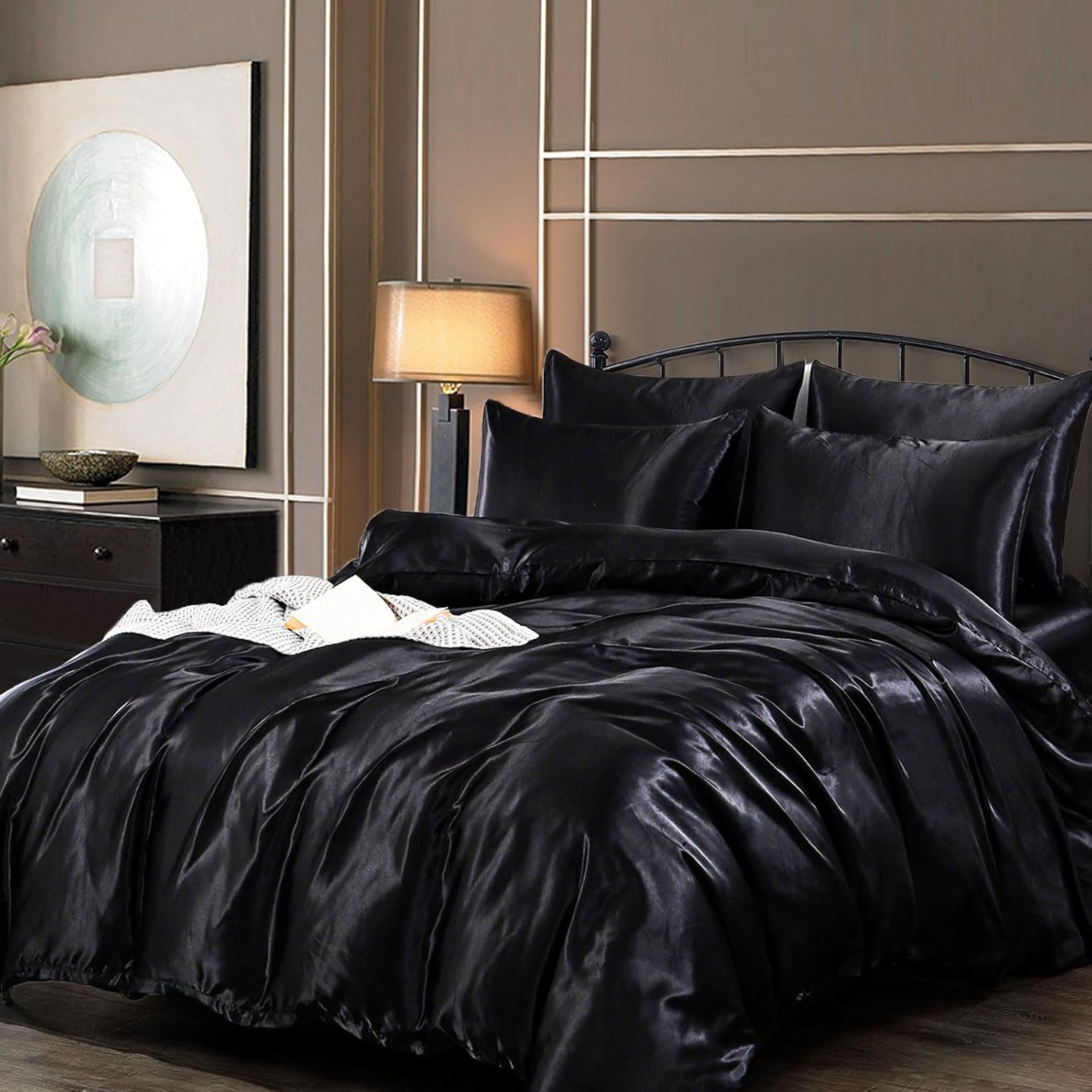 Silk Satin Double Size Complete Bedding Set 6 Pieces Black Duvet Cover Luxury St